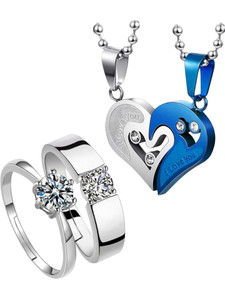 ringzinnie Couple Love Pendant Necklace & Ring Combo Set Romantic Gift for Men & Women Cubic Zirconia Stainless Steel Locket