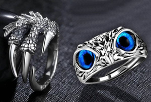 omaya jewels Feathered Embrace: Eagle Claw and Owl Eye Rings (COMBO OF 2) Stainless Steel Ring Set