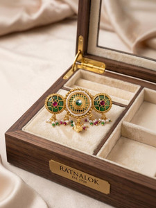 Ratnalok Traditional Heritage Gold-Plated Adjustable Ring with Green & Ruby Stones Brass Pearl Gold Plated Ring