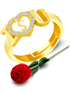 MEENAZ Valentine gift Jewellery Stylish Heart Shape Golden Proposal i love you Name Alphabet Letter Initial S Rings for girls women girlfriend Men Boys Couples American diamond CZ AD Adjustable Gifts Set Lovers Design With Velvet Red Rose box set-RING ROSE BOX SET-ME118 Brass, Copper, Crystal, Stone, Alloy, Metal Cubic Zirconia, Diamond, Zircon, Crystal Gold Plated Ring Set