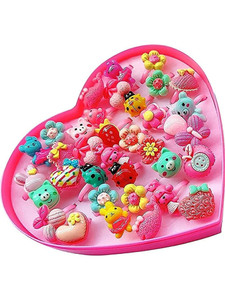 EKNOOR FASHION Cartoon stylish Fancy Finger Rings Set for Girls Birthday Gifts Comes in Pink Heart Shape Box 36pcs Suitable for Children Kids baby Little Girl jewellery toys Ring in Box Age 2 - 14 yrs(Multi-Color) Plastic Ring