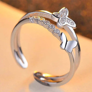 Fashion Frill Stunning AD Butterfly Silver Ring Women Adjustable Ring For Girls Stainless Steel Silver Plated Ring