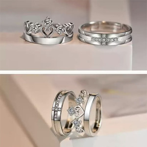 Devora King and Queen lovers valentine couple Stainless Steel Zircon Rhodium Plated Ring Set