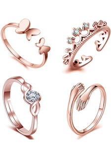 Om Jewells Combo Of 4 Rose Gold Plated CZ Designer Finger Rings Alloy, Crystal Gold Plated Ring Set