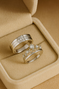 priyangkrita Stylish Silver Couple Rings for Men & Women | Adjustable Crown Heart Design Alloy Ring Set