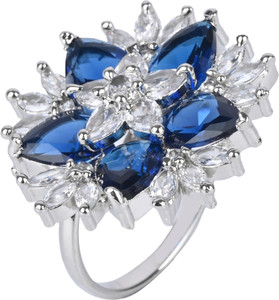 Unity Bond Elegant Silver-Plated Blue & White Crystal Floral Cocktail Ring for Women Alloy Zircon Silver Plated Ring