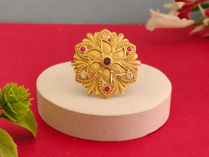 Kesvi 1 GRAM GOLD PLATED ADJUSTABLE RING FOR GIRLS & WOMEN Brass Cubic Zirconia, Ruby Gold Plated Ring