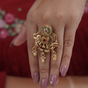 JUERI Elephant Design Gold Plated Heritage Ring For Women| Traditional Finger Ring For Brass Gold Plated Ring