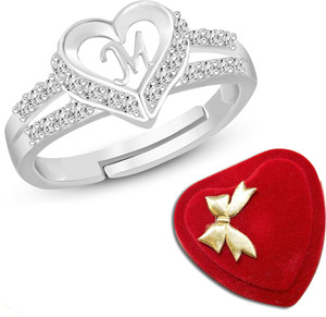 Lila Heart Alphabet 'M' Valentine Ring Promise Propose Engagement Wedding Anniversary Brass, Stainless Steel, Copper, Alloy Cubic Zirconia Silver Plated Ring