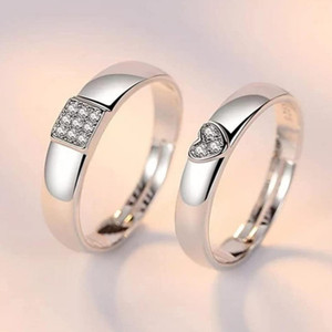 Devora Adjustable couple ring set for lovers valentine gift set Stainless Steel Zircon Sterling Silver Plated Ring Set