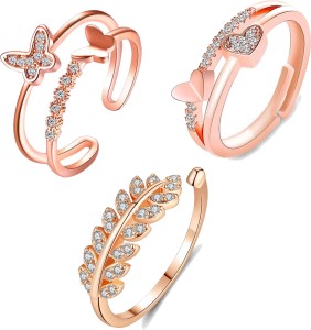Fashion Frill Heart Ring For Women Rose Gold Butterfly Stylish For Girls Combo of 3 Stainless Steel Gold Plated Ring Set