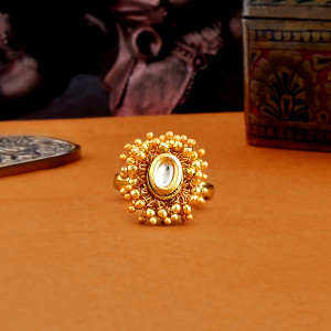 Voylla Veerangana Gold Plated Oval Cut Kundan Ring Brass Gold Plated Ring