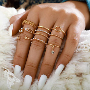 Vembley Seven Piece White Crystal Drop Heart Multi Designs Alloy Gold Plated Ring Set