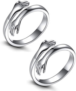 Uniqon (Set Of 2 Pcs) Love Forever Valentine's Day Hand Hug Me Thumb Finger Metal Silver Plated Ring