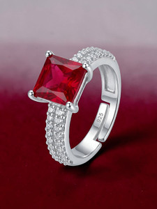 SH24K Pure 925 Hallmark Silver Ring for Women | Princess Red Ruby Adjustable Ring | Sterling Silver Zircon Rhodium Plated Ring