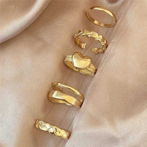 Vembley New 6 Pcs Ring Simple Heart Plain Set For Women & Girls Alloy Gold Plated Ring Set