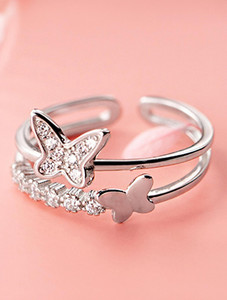 YELLOW CHIMES Exclusive Dual Butterfly Studded Cubic Zirconia Platinum Stylish Opening Stainless Steel Cubic Zirconia Copper Plated Ring