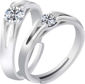 SILVER SHINE Silver Shine Silver Plated Solitaire Adjustable Couple ring for Men Stainless Steel Cubic Zirconia Rhodium Plated Ring Set