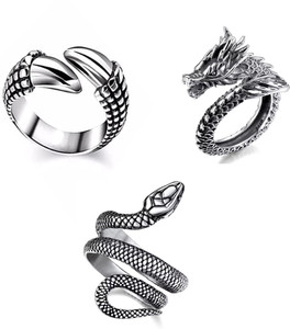ROOTWAVE combo of 3 ring eagle claw ring snake ring and dragin eye ring टंगस्टन, स्टेनलेस स्टील, ज़िंक टाइटेनियम प्लेटेड रिंग