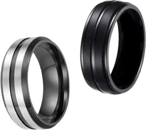 KRYSTALZ Retro Black Brushed Tungstun Carbridge Combo Band Ring Set of 2 Pieces for Men Stainless Steel Titanium Plated Ring Set