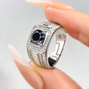 Zarkan Men's Adjustable 925 Hallmarked Silver Ring with Black Diamond Sterling Silver Zircon Rhodium Plated Ring