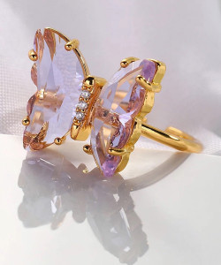Vembley Attractive Gold Plated Purple Crystal Butterfly Ring for Women and Girls Alloy Gold Plated Ring