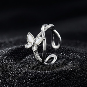 Glamshe Silver Butterfly AD Stone Adjustable korean Design Ring for Girl and Women Stainless Steel Cubic Zirconia Silver Plated Ring