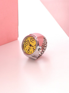 Kairangi Yellow Dial Analog Watch Ring Stretchable Ring Watch for Women Alloy Silver Plated Ring