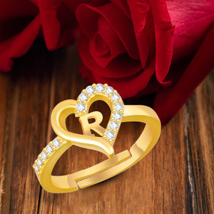 Kanak Jewels Valentine Gift Initial Letter R ring for Girls stylish design Gold plated ring Brass Cubic Zirconia Gold Plated Ring