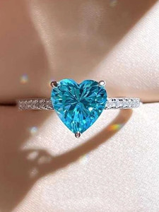 Zarkan Hallmark Silver Premium Aqua Blue Heart Ring For Gifting Anniversary & Birthday Silver Zircon Rhodium Plated Ring