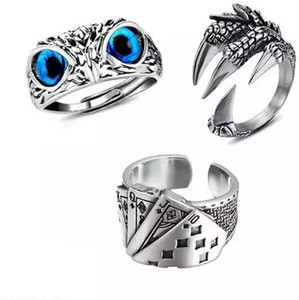 MAHADEV Owl Ring | Claw Ring For Boys | Stylish Poker Ring | Men Combo Rings Set Stainless Steel Agate Silver Plated Ring Set