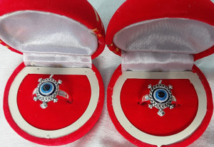 SAPTARISHI Blue turtle Evil Eye Protection Finger Ring for Unisex , Nazar -Blue set of 2 Stainless Steel Ring Set