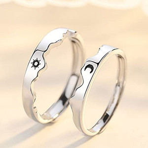 AJS Fitting Sun and Moon Couple Ring, Couples Ring Set Matching Rings Stainless Steel Rhodium Plated Ring Set