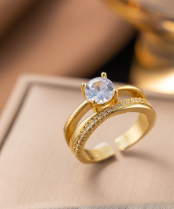 MYKI Anti-Tarnish Stainless Steel Gold Plated Solitaire Crystal Ring for Women Stainless Steel Gold Plated Ring