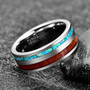 KRYSTALZ Mens Tungsten Carbide Silver Opal Wood Inlay Band Ring Tungsten Sterling Silver Plated Ring