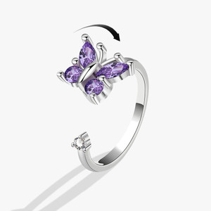 MYKI Rotating Purple Butterfly Ring For Women & Girls Stainless Steel Cubic Zirconia Silver Plated Ring