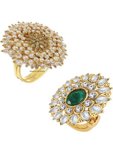 Om Jewells Ethnic Gold Plated 2 Adjustable Cocktail Finger Ring Combo Brass Gold Plated Ring Set