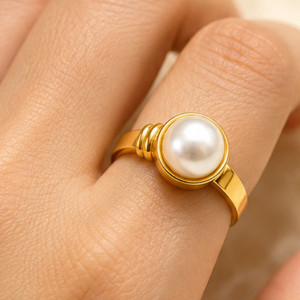 BajariyaFashions Pearl Moti Stone Ring Adjustable Ring for Women Brass Pearl Brass Pearl Gold Plated Ring