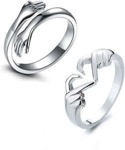 vs unique collections Pack Of 2 Love Gesture Couple Hands Than Heart Hug Me Thumb Finger Ring Stainless Steel Silver Plated Ring