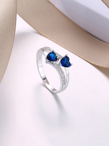 YELLOW CHIMES Valentines Special Dual Heart Blue Crystal Adjustable Finger Ring for Women Crystal Crystal Silver Plated Ring