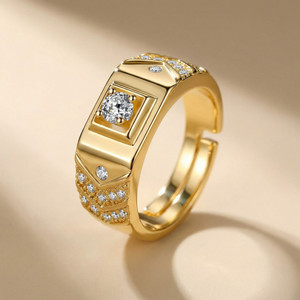 MYKI Exclusive Limited Edition 24KT Gold Solitaire Adjustable Mens Rings Stainless Steel Cubic Zirconia Gold Plated Ring