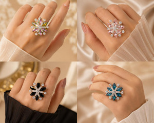 Shyneup Crystal Flower Adjustable Ring for Women and Girls Alloy Cubic Zirconia, Crystal Silver Plated Ring