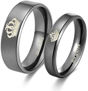 University Trendz 2PCS Her King His Queen Black Titanium Stainless Steel Couple Rings Stainless Steel Black Silver Plated Ring Set