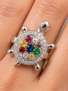 BajariyaFashions Bajariya Fashions Divine Navratna Tortoise Ring | 9 Ratna Birthstone Ring Alloy, Brass, Crystal Ruby, Pearl, Coral, Emerald, Sapphire, Diamond, Cat's Eye Silver Plated Ring