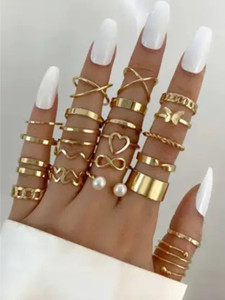 DIADRIM Trendy Gold Plated Adjustable Finger Ring Set for Women & Girls Brass Gold Plated Ring Set