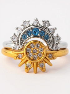 RAPPERSSHOP Sun & Moon Adjustable Ring Combo for Women Stainless Steel Cubic Zirconia Gold, Sterling Silver Plated Ring Set
