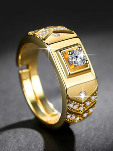 MYKI Exclusive Limited Edition 24KT Gold Solitaire Adjustable Mens Rings Stainless Steel Cubic Zirconia Gold Plated Ring
