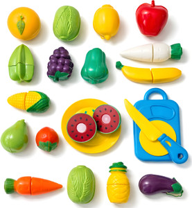 BEBRIGHT Kids Plastic Fruit & Vegetable Cutting Set | 16+ Pcs Pretend Play Kitchen Toy