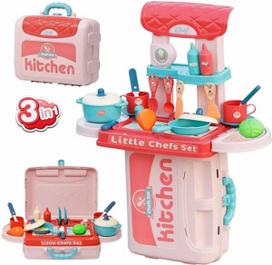 NAMANSHU TEX Plastic 3 in 1 Kitchen Set for Kids Portable Suitcase Role Play Set