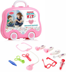 Aditi Toys Premium Doctor Set Suitcase LED Light Instruments, Dr Kit 10 Piece (Pink)